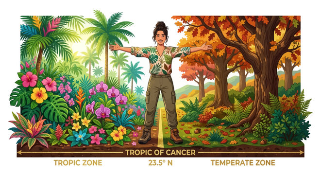 Woman bridging vibrant tropical and temperate climate zones, symbolizing geographical diversity and environmental balance illustration.