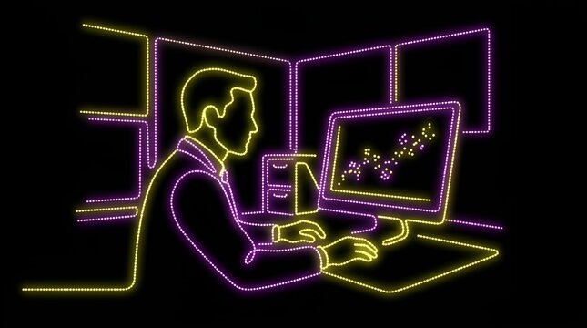 Financial trader monitoring market growth on computer in neon style