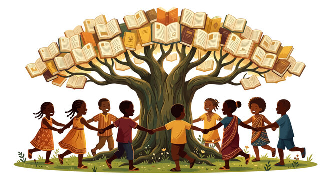 Diverse children dancing in a circle around a knowledge tree with open books as leaves, symbolizing global education, literacy, and community.