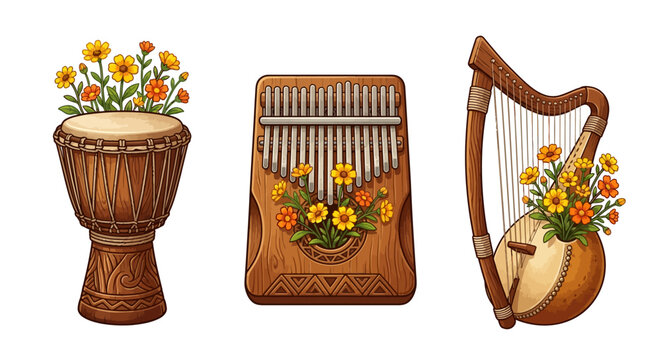 Hand-drawn collection of traditional wooden musical instruments: djembe drum, kalimba, and folk harp adorned with marigold flowers.
