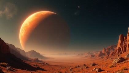 Fototapeta premium Vast alien desert landscape with large glowing orange planet in dark sky. Rocky canyons and barren terrain under distant stars. Cosmic scene with moon and galaxy.