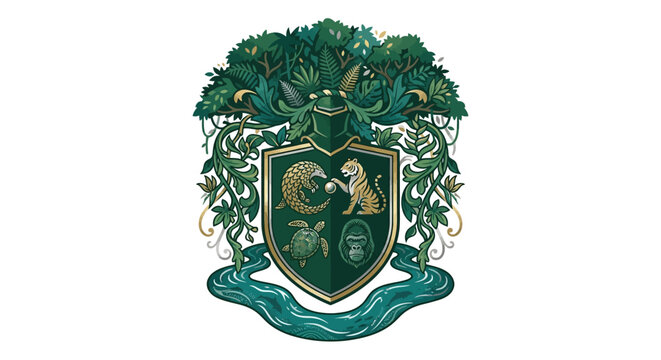 Elaborate jungle wildlife crest with tiger, pangolin, sea turtle, and rhinoceros, bordered by lush green foliage and a flowing river