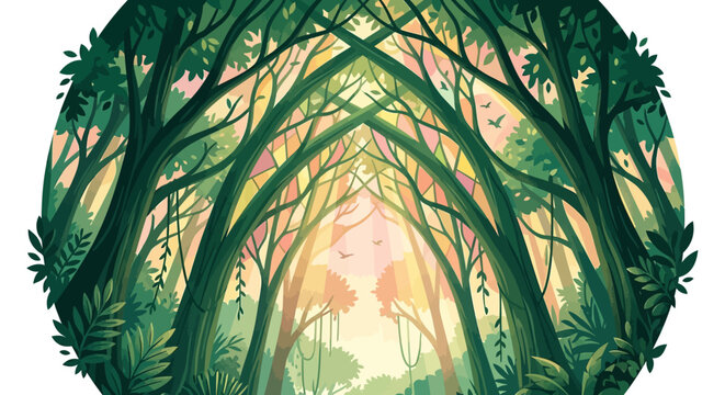 Enchanted forest archway illustration with dappled sunlight. Magical woodland path digital art, lush green canopy, fantasy nature scene.