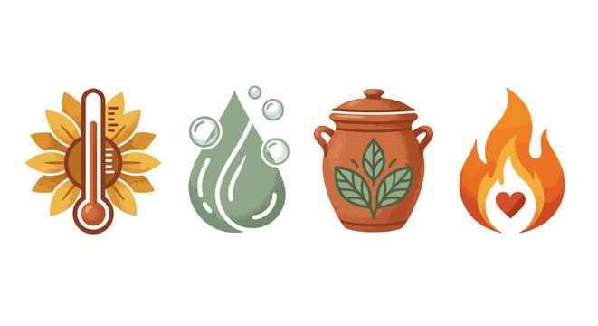 Diverse flat vector icon set depicting natural elements: sunflower thermometer, water drop, herbal pot, and heart flame.