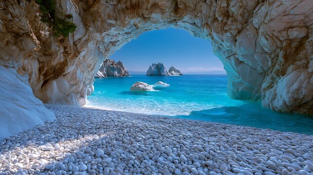 Natural stone arch at Lalaria Beach with white pebbles and blue sea