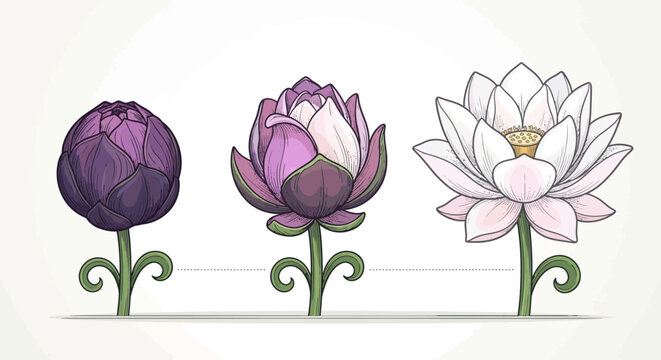 Detailed Illustration of Lotus Flower Growth Stages from Bud to Full Bloom on White Background