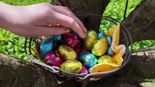 Une main d&eacute;pose les &oelig;ufs de P&acirc;ques dans un panier. Une chasse aux &oelig;ufs dans une prairie printani&egrave;re ensoleill&eacute;e, les enfants cherchent les chocolats dans l'herbe verte pour c&eacute;l&eacute;brer cette f&ecirc;te. 