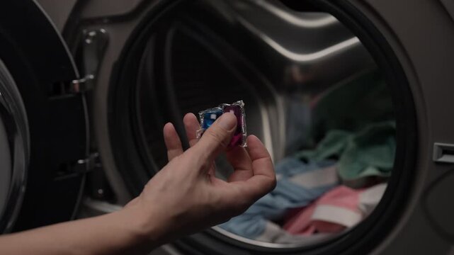 Person hand places colorful gel detergent capsule inside modern front loading washing machine filled with laundry, preparing for fresh and clean wash cycle at home. Shooting in slow motion.