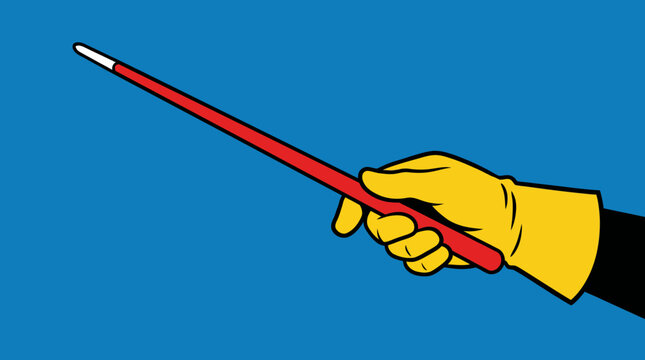 Hand holding a red pointer stick.