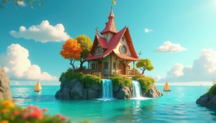 Fototapeta premium Whimsical cartoon house sits on island cliff with waterfalls. Sailboats float on bright blue ocean under sunny sky with fluffy clouds. Rich green trees surround the charming home.