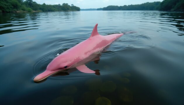 Pink river dolphin swims in dark Amazon river water. This rare aquatic mammal navigates murky riverine environment surrounded by rich green rainforest vegetation on a cloudy day.