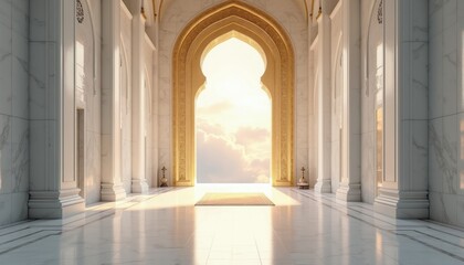 Fototapeta premium Ornate golden archway in marble hall opens to bright sky and clouds. Sunlit corridor with elegant columns leads towards divine light, signifying hope and spiritual path.