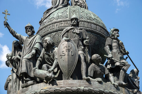 VELIKY NOVGOROD, RUSSIA - JUNE 15, 2025: Sculptures of Grand Dukes on the middle tier of the monument "The Millennium of Russia" (1862), Veliky Novgorod