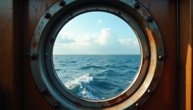 View of wavy blue sea through rusty ship porthole. White clouds float on bright sky. Nautical journey begins on sunny day. Ocean waves crash against ship.