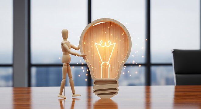 Wooden mannequin holding light bulb on office desk