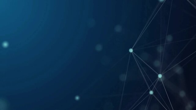 Clean background with abstract blue plexus lines and bokeh floating dots on the side.