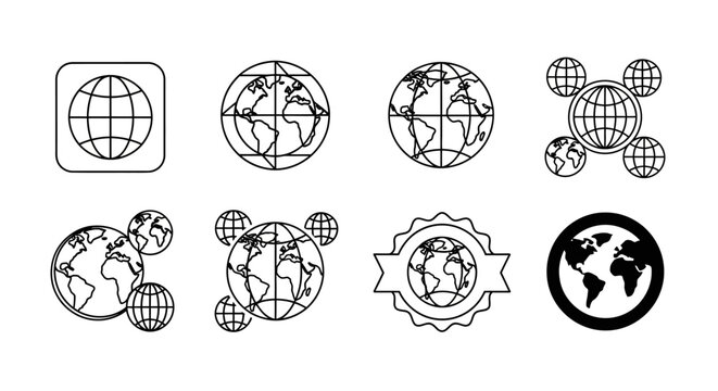 Set of eight global communication icons with world maps and globes