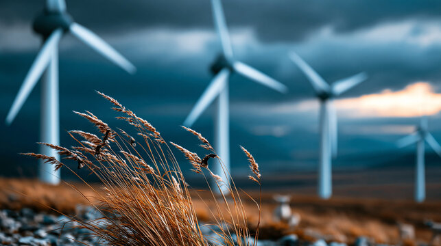 Wind turbines in a rural landscape under an overcast or clear sky, the familiar sight of wind turbines in the countryside representing the quiet integration of clean energy production into
