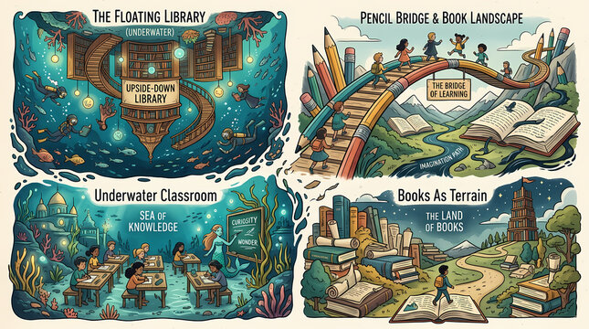 Four whimsical illustrations depicting imaginative book-themed landscapes including an underwater library, a pencil bridge over book terrain, an underwater classroom, and a city built from books.