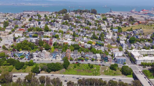 San Francisco Potrero Hill Lateral Aerial View With Bay and Colorful Homes 02