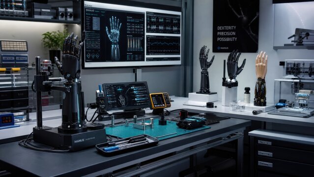Advanced robotic hand development in a modern workshop with tools and screens displayed