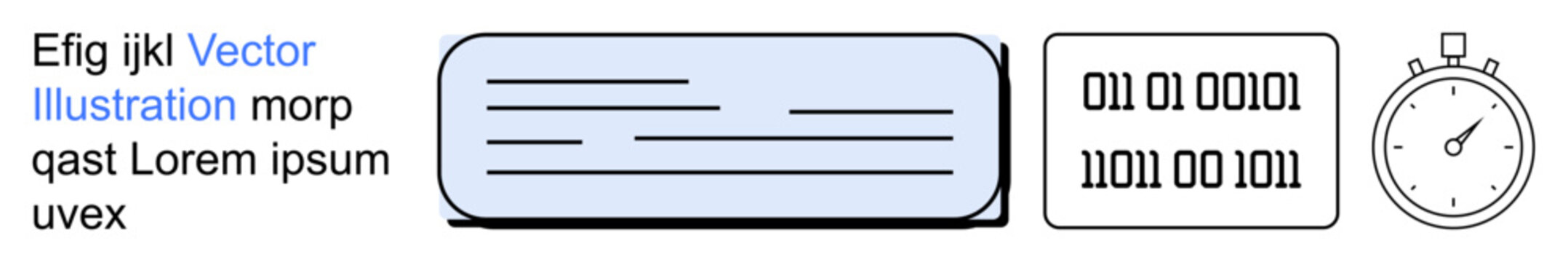 Data analysis, digital reading, technology workflow, binary code insight, time efficiency, and programming principles. A segmented layout with text, binary code and a timer. Data analysis and time
