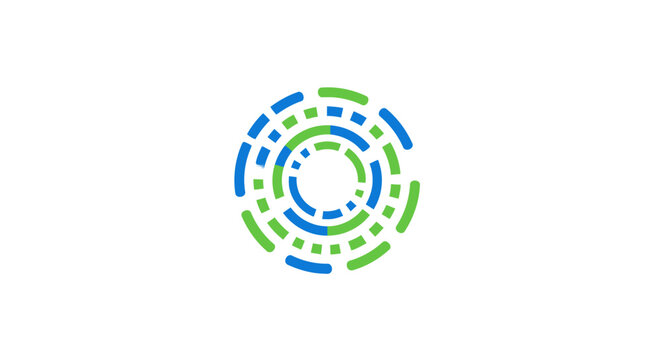 A circular abstract design featuring blue and green dashed segments on white