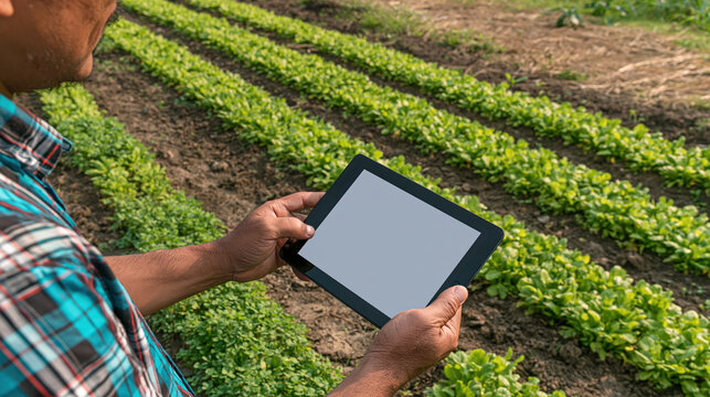 Farmer using tablet in vegetable field checking crop row and soil moisture on sunny farm