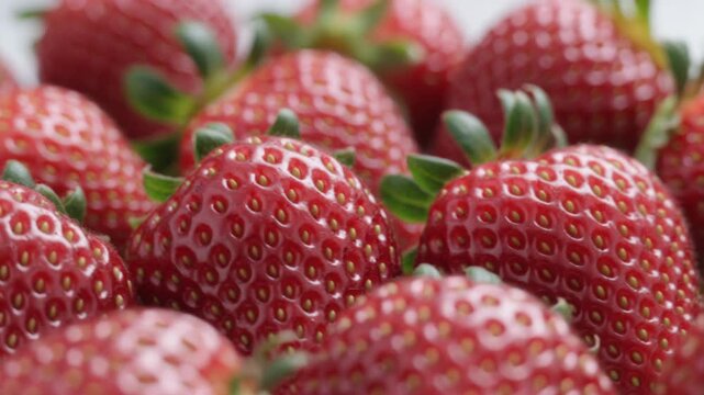 Macro perspective of ripe red strawberries with vivid color and green stems emphasizing freshness and natural produce appeal for food marketing and healthy lifestyle visuals