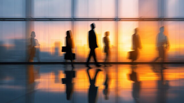 Blurred silhouettes of business people walking in a modern office building at sunset
