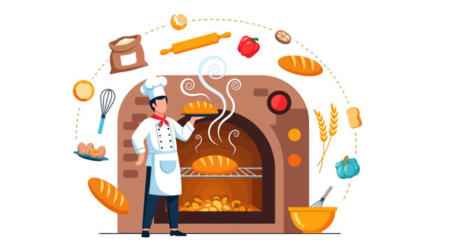 Baker taking fresh bread from a hot oven.