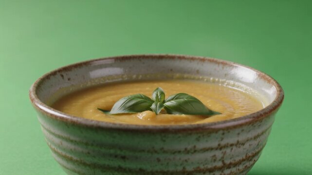 Steaming pumpkin soup in rustic ceramic bowl with basil garnish isolated on chroma key background presenting warm seasonal food concept for culinary ads and autumn menus