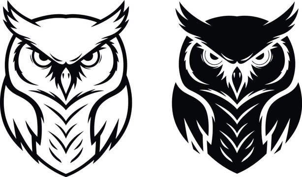 Minimalist vector illustration of owl mascots with sharp aggressive expressions for sports team logos