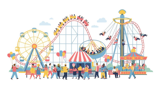 Amusement Park Rides and People Enjoying Leisure Activities.
