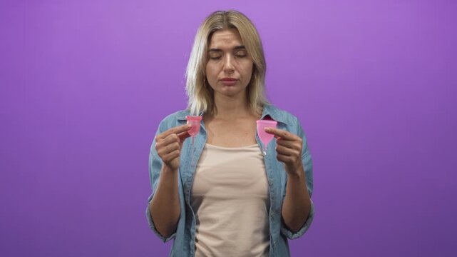 Woman holds two menstrual cups in hands, comparing sizes while looking down in studio; choice comparison uncertainty.