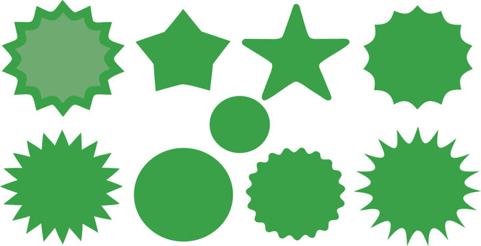 Green starburst badges set. Wavy and pointed circle labels. Promotional sale sticker elements