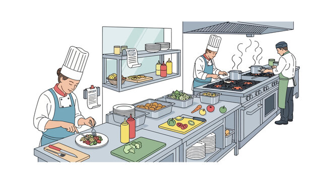 Chefs preparing food in a busy professional kitchen environment.