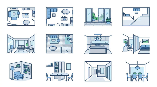 Collection of interior design sketches and floor plans.