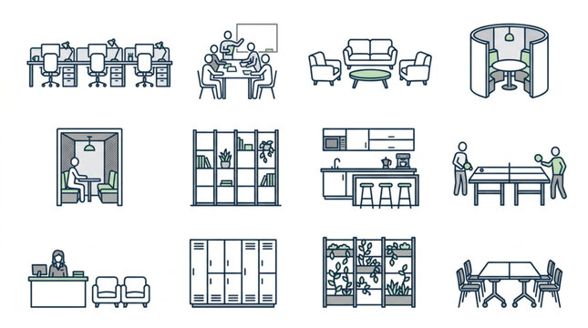 Collection of Office Interior Design Elements and Furniture Sketches.