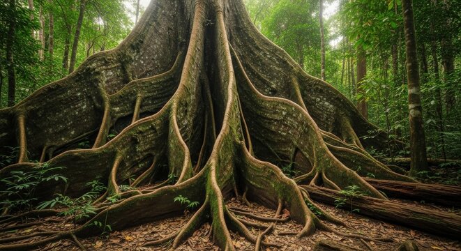 Giant Buttress Roots of an Ancient Tree in a Lush Forest