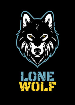 Modern vector illustration of wolf`s head with lettering. Lone wolf printable illustration.