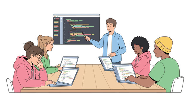 Diverse group of students learning computer programming from a teacher.