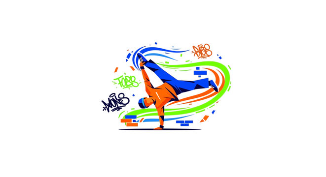 Dynamic Bboy Performing Athletic Breakdance Move with Colorful Swirls.