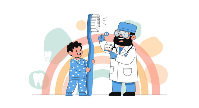 Dentist Teaching Child Proper Tooth Brushing Technique with Giant Toothbrush