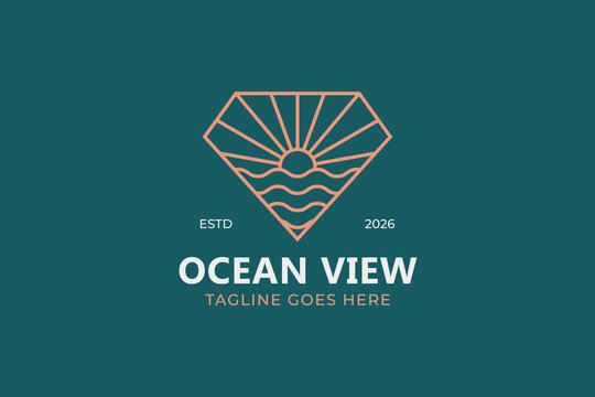 Ocean view sunset line art logo design template with sun rays and sea waves diamond badge for geometric corporate branding luxury travel resort