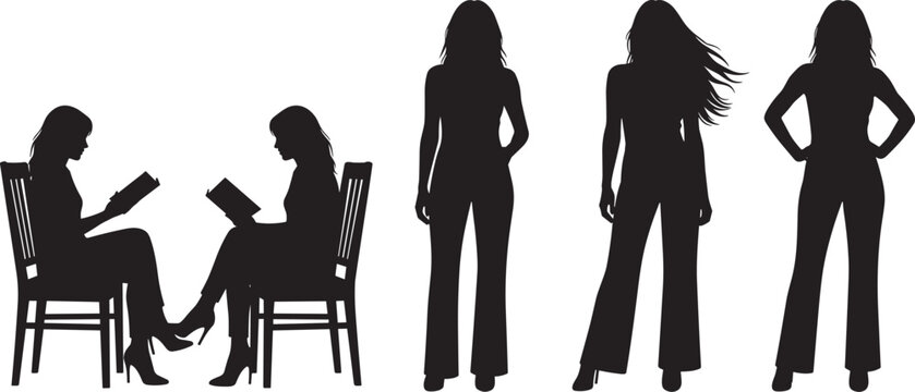 Collection of Female Silhouettes Reading Standing and Posing Representing Fashion Education and Modern Lifestyle Concepts