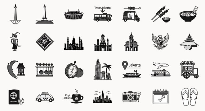 Collection of Indonesian Culture Icons including Monas, Wayang, Durian, Garuda Pancasila and TransJakarta Bus