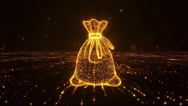 Golden digital wireframe of a tied money bag composed of glowing particles, set against a dark field of scattered golden lights; futuristic, festive, abstract financial concept