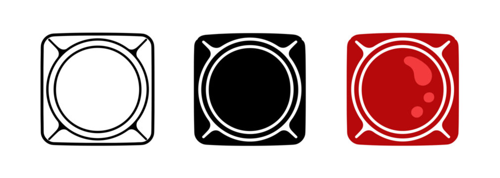 Set of three icons representing a condom in different styles: outline, solid black, and red with droplets