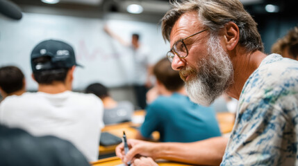 Fototapeta premium Bearded professor taking notes in bright lecture hall for classroom instruction and academic discussion background